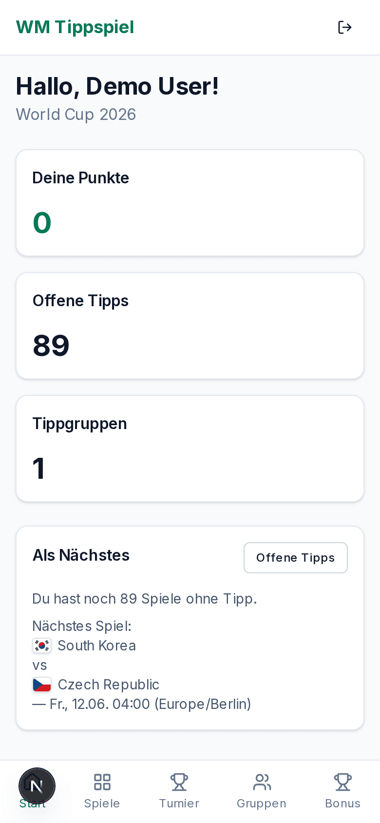 dein-wm-tipp.de Dashboard auf dem Smartphone