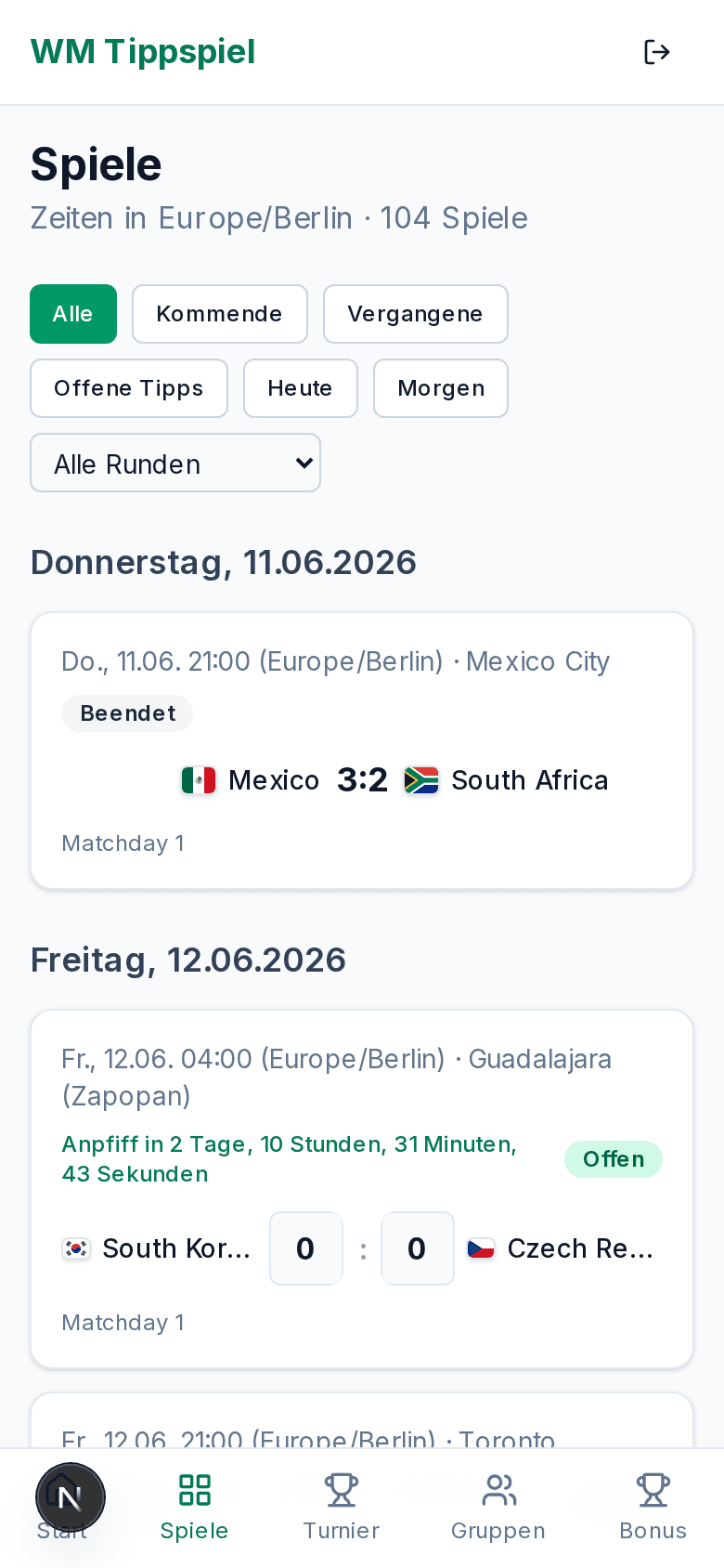 Spieleliste mit Tippfeldern